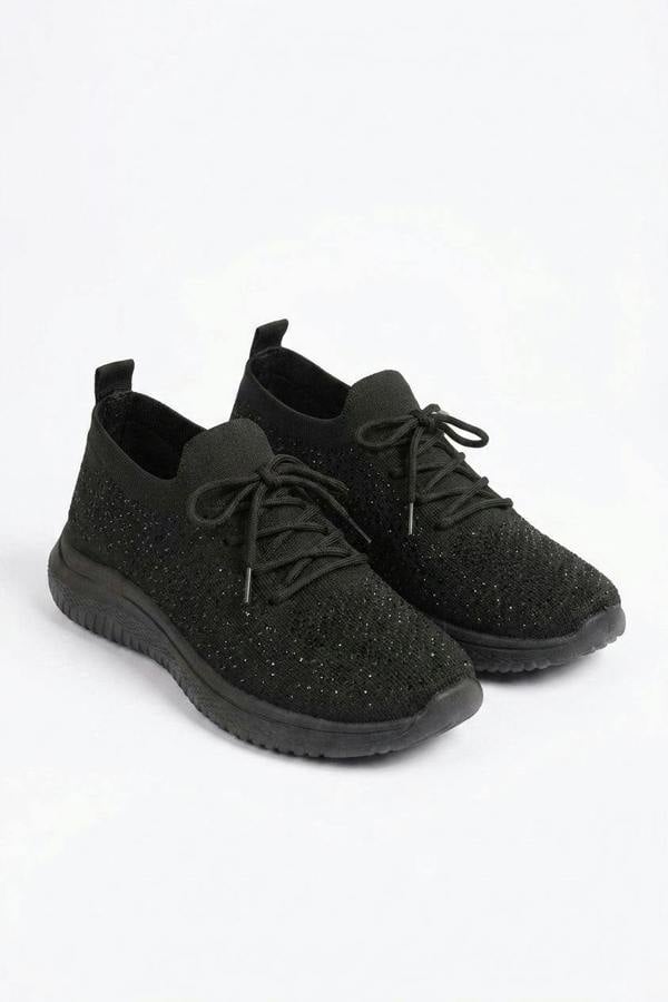 Kaela Crystal Embellished Knit Trainers - Black_wb