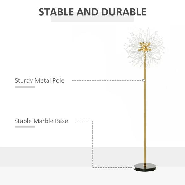 Gold tone dandelion crystal floor lamp with marble base illustration and metal pole