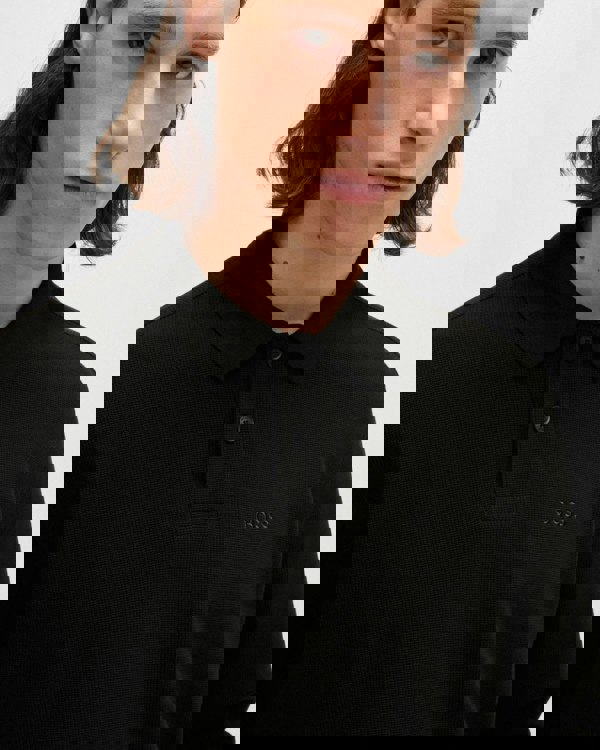 BOSS Orange Petempestolong Mens Cotton-Blend Polo Shirt with Waffle Structure - Black 001 - CHO - Designer Mens Long Sleeve Polo Shirts