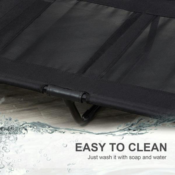 Black mesh pet cot with metal support bars and side tubes
