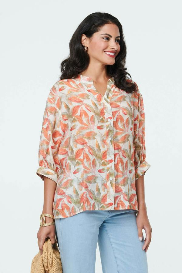 Orange | Leaf Print 3/4 Sleeve Relaxed Blouse
