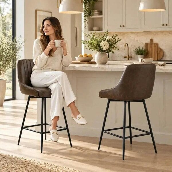 Bar Stools Set of 2, Swivel Counter Height Barstools with PU Leather, for Kitchen Island, Dining Room, Dark Brown - Rustic Brown