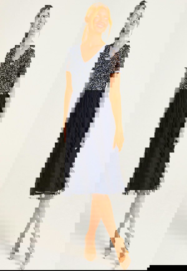 Embellished Sequin Baby Doll Midi Dress in Navy - ANGELEYE