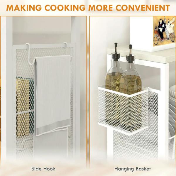White steel wire side basket with hook and a hanging basket for storing kitchen items.