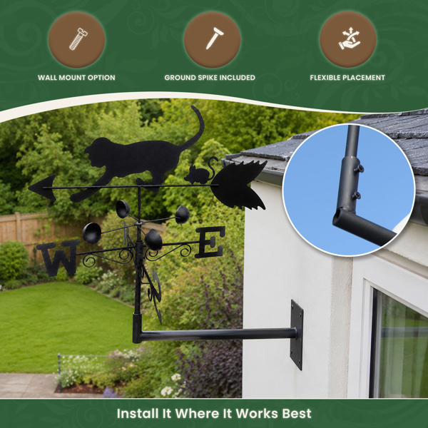 Cat & Mouse Steel Weathervane, Black Painted All-Steel Weather Vane With Wall Fixings and 1.7m Ground Spike, Wind Speed Cups