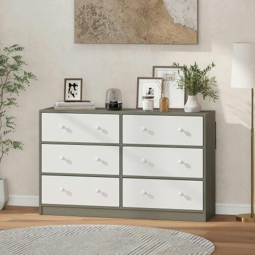 Wyld Haus Nafiso Fabric And Wood White And Grey 6 Drawer Storage Dresser
