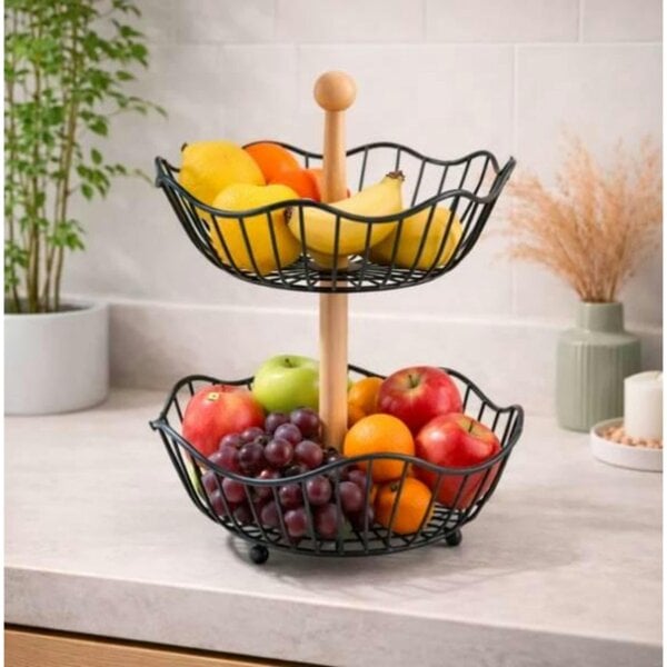 Dyzi 2 Tier Metal Wire Fruit Basket Countertop Stand Bamboo Handle Black