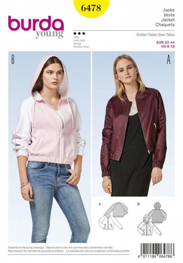 Burda Sewing Pattern 6478 Hoodies and Jackets For Women, 6 to 18 - Intermediate