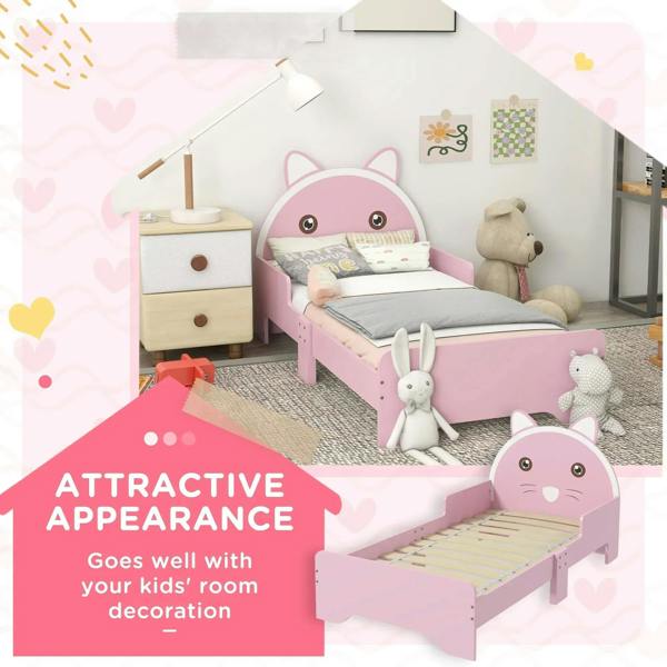 Pink cat-design toddler bed frame with guardrails and slatted base, room-styled setup.