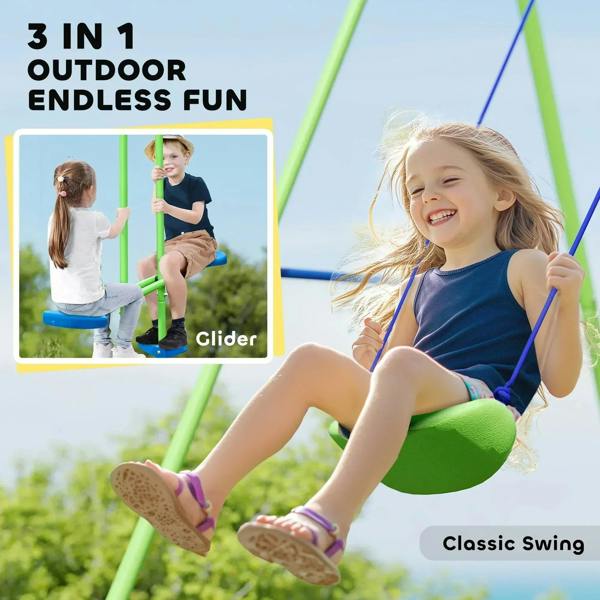 Green swing set with blue rope swings and a toddler sitting on a green swing seat