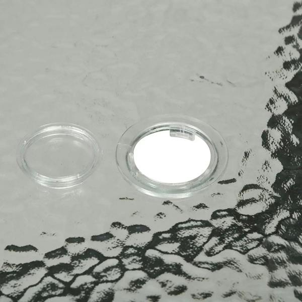 Tempered-glass table umbrella hole with clear ring trim on square tabletop