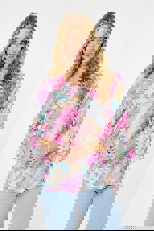 Pink | Floral Curve Hem 3/4 Flare Sleeve Blouse