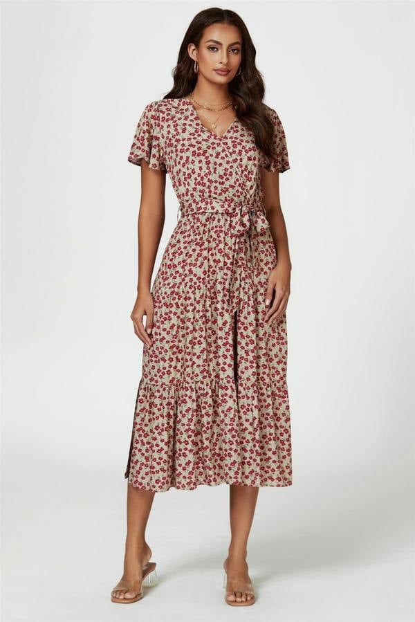 FS Collection Pink Floral Print Wrap Midi Dress In Beige