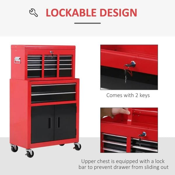 Red tool chest with lock bar, three drawer bays, and two black cabinet doors