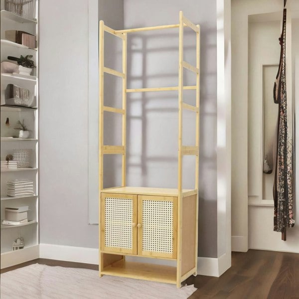 BMBO Wooden Hall Tree Coat Stand With Shoe Rack Natural Brown