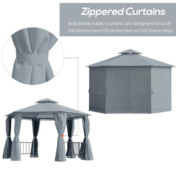 Grey hexagon gazebo with zippered curtains and covered canopy roof, adjustable side panels