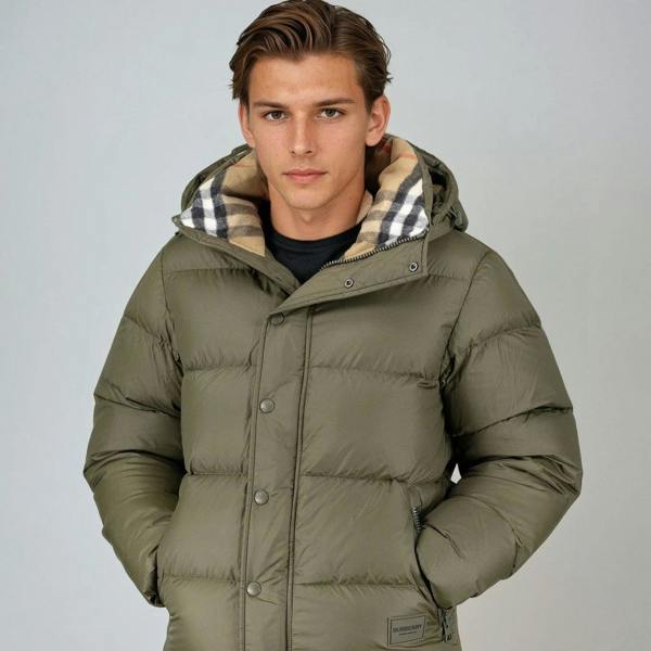 Burberry 'Halsby' Hooded Check Down Jacket Khaki - chancefashionco