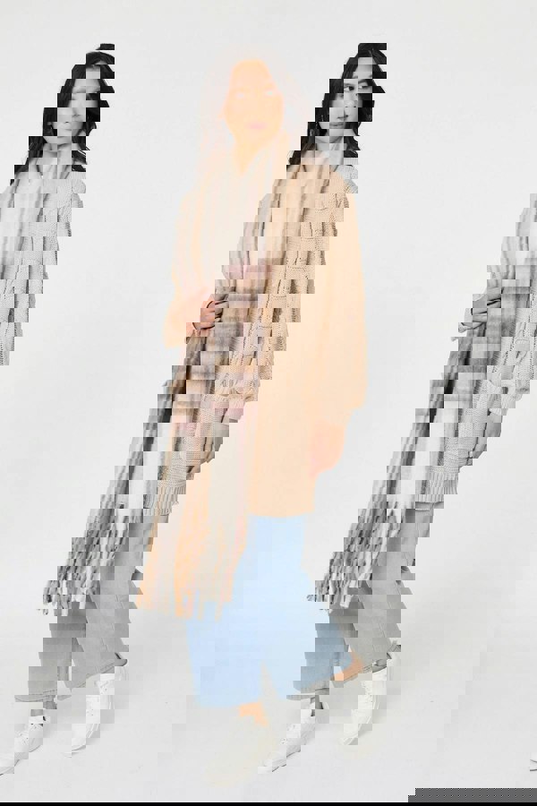 Beige | Checked Print Oversize Fringed Scarf
