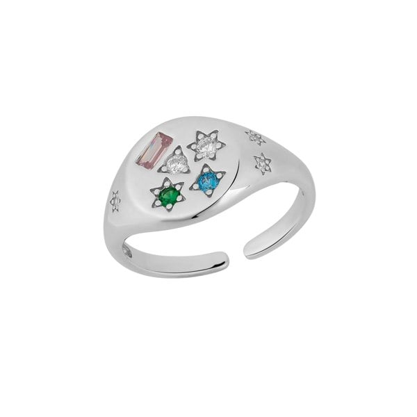 Spero London Kaleidoscope Gemstone Multicolour Round Sterling Silver Adjustable Signet Ring