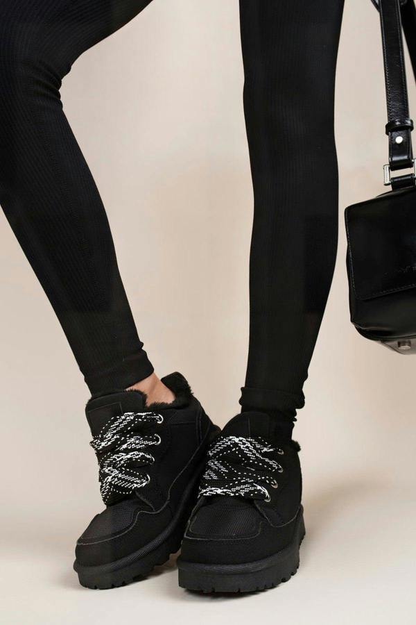 Leiza Chunky Lace Up Faux Fur Trainers - Black