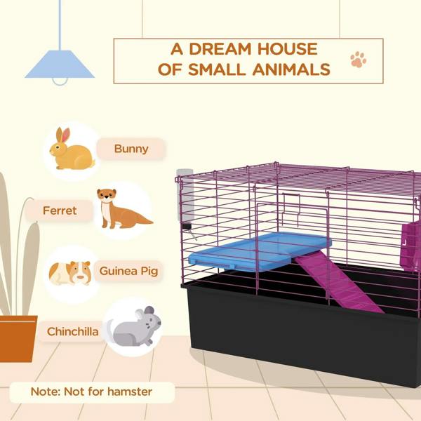 Small animal playhouse cage with purple wire walls, blue ramp, and magenta hay accessory