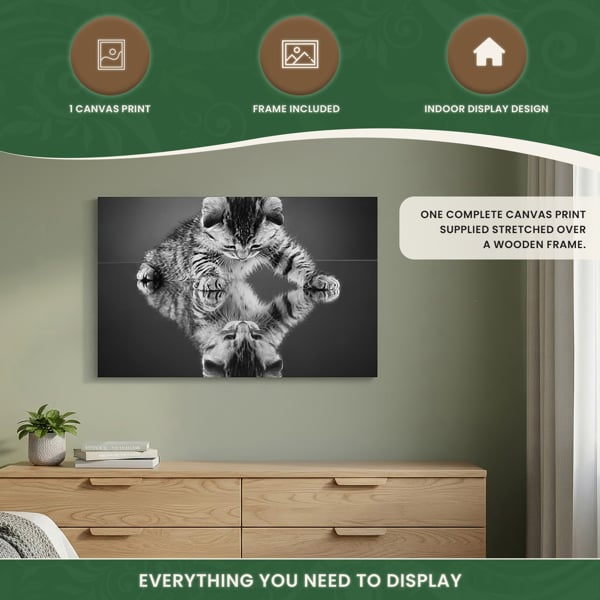 Large ‘Kitten on a Mirror’ Canvas Print in Black and White, Stretched Canvas on Wooden Frame, 100cm Wide x 60cm High