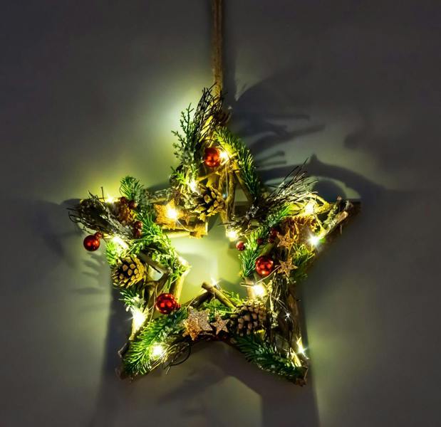 35cm B/O LED Twig Hanging Star with Warm White Lights, Red and Brown Festive Christmas Decoration image 2