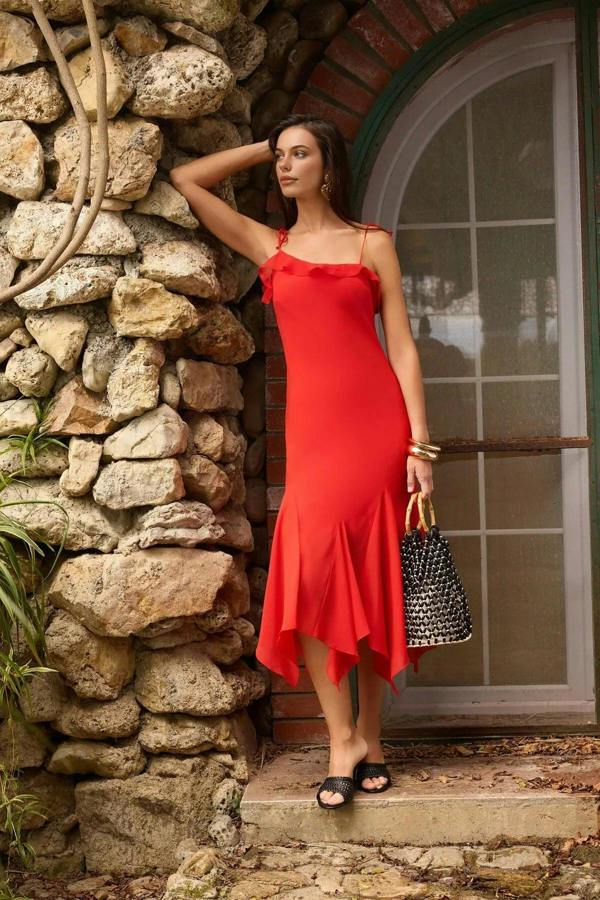 WOVCOR Abstract Pattern Chiffon Midi Lined Party Dress