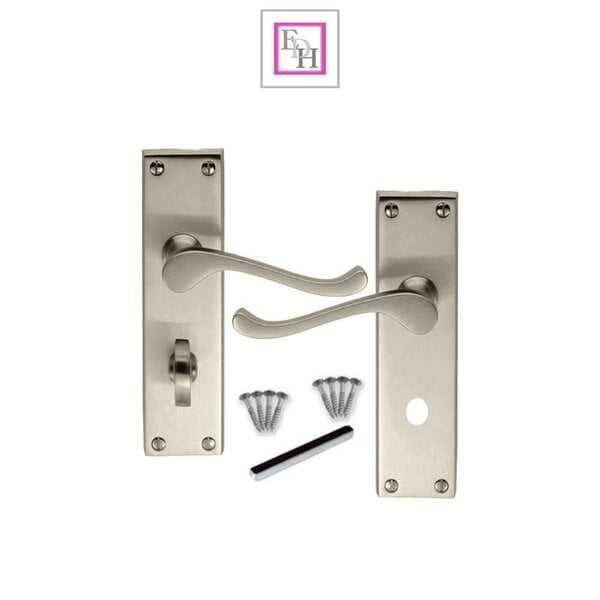 EDH Door Hardware Internal Satin Bathroom Door Handle with Privacy Lock Set Victorian Style,  2 Pairs