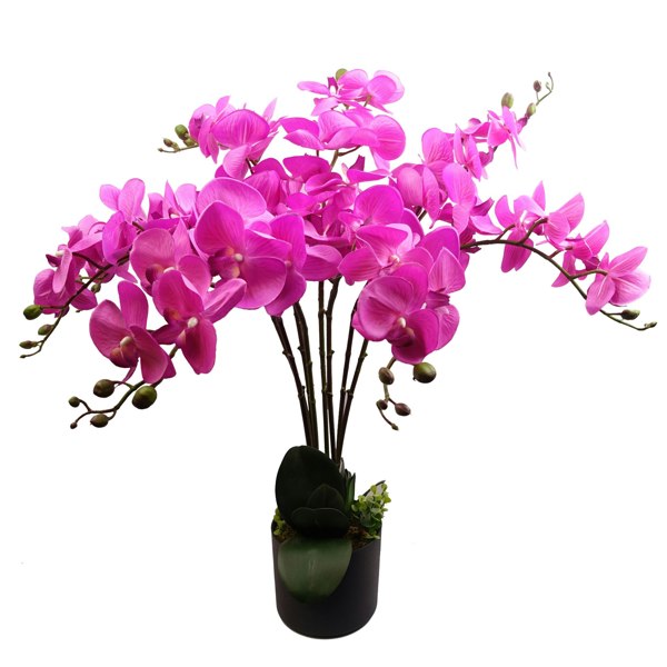 Leaf 85cm Artificial Deluxe Bush Orchid - Dark Pink with Black Pot