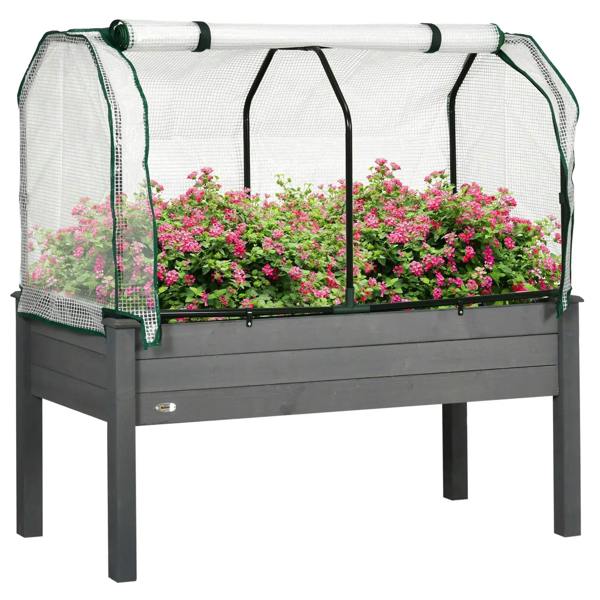Dark grey raised garden bed planter with greenhouse-style PE cover, secured over pink flowers
