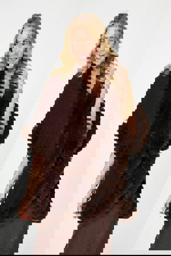 Brown | Faux Fur Trim Layered Poncho
