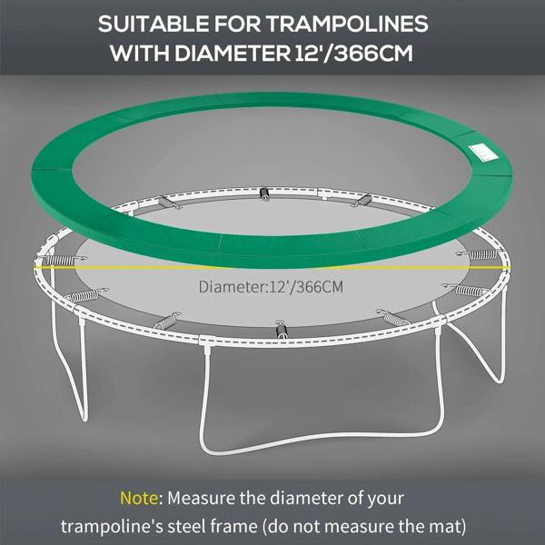 Green trampoline pad sized for 12ft/366 cm trampoline with measurement guide