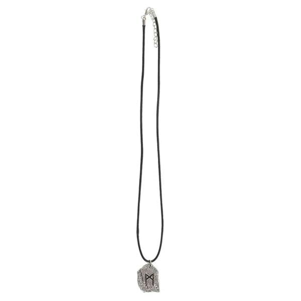 Black cord necklace with small textured silver rune shield pendant at the center.