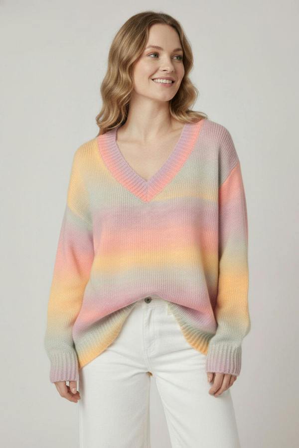 Yellow | Striped Drop Shoulder V-Neck Jumper