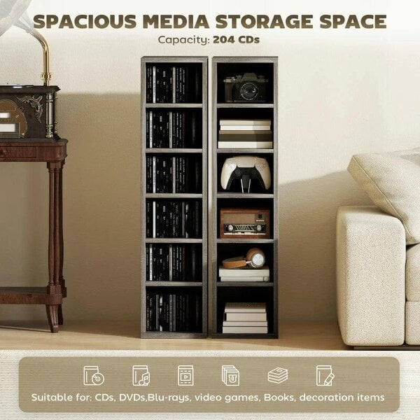 Bobobiy Set of 2 CD Media Display Shelf Unit Tower Rack with Adjustable Shelves, Distressed Grey