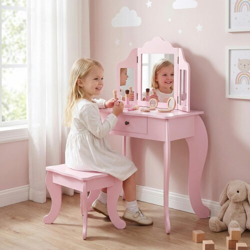 HOMCOM Makeup Dressing Table Set with Tri-Folding Mirror and Drawer, Pink