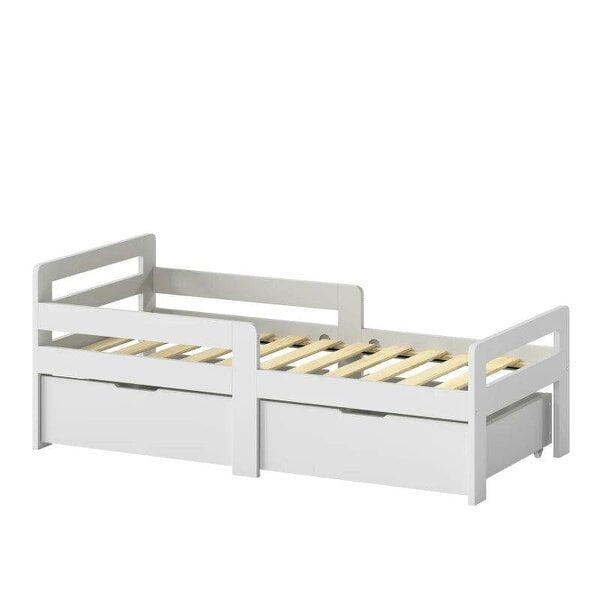 Wooden Kids Bed Frame with 2 Storage Drawers and Guard Rails for Ages 4-14, 144 x 76 x 57 cm (No Mattress), Grey