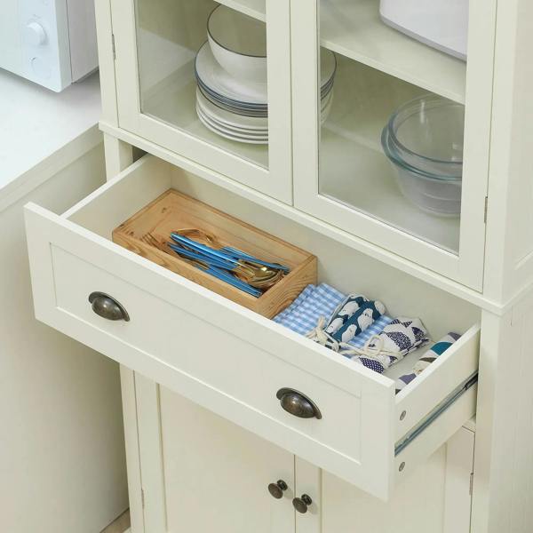 Cream white pull-out drawer with organizer tray for utensils and kitchen tools