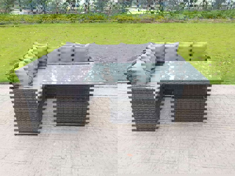 Fimous High Back Corner Rattan Garden Furniture Sofa Dining Rising Table Height Adjustable 6 Seater