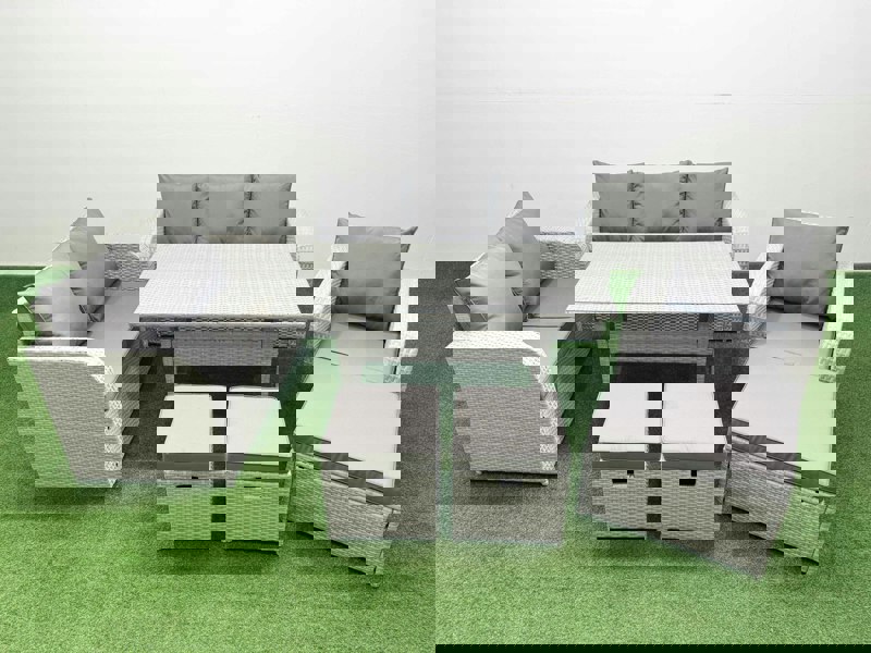 Fimous 9 Seater Light Grey PE Wicker Rattan Outdoor Sofa Set - Rectangular Dining Table, Reclining Chair, Loveseat & 3-Seater Sofa