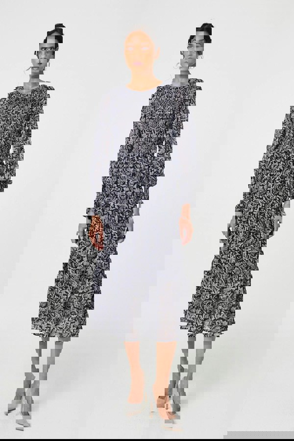 Black | Paisley Long Puff Sleeve Midi Smock Dress
