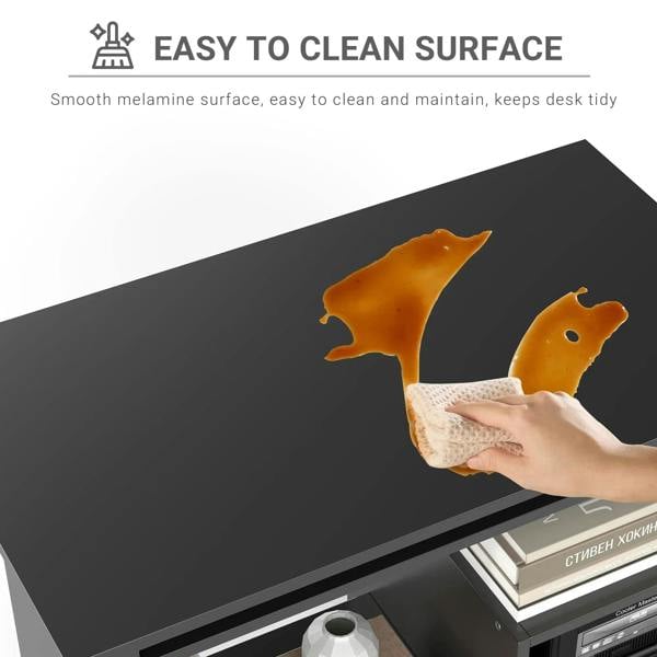 Black desk with smooth melamine tabletop surface for easy cleaning