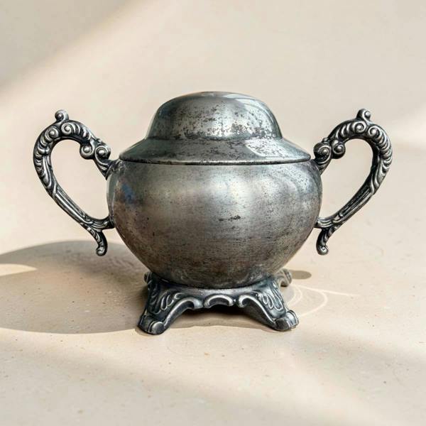 An antique-style silver metal canteen or lidded container with ornate handles and a decorative base, photographed on a warm beige surface with soft shadows.