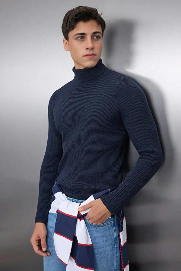 WOVCOR Slim Fit Turtleneck Ribbed Knit Men's Sweater