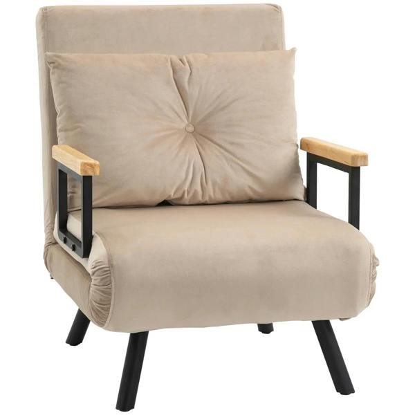 Beige velvet-feel single chair bed with pillow, padded arms, and black legs