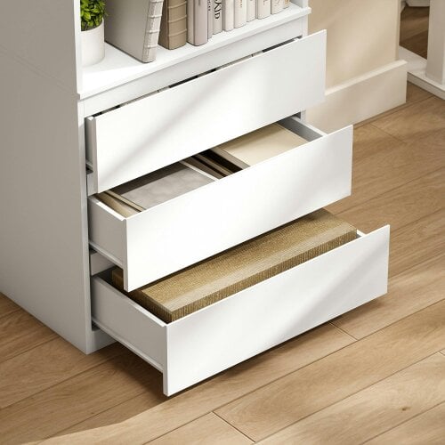Wyld Haus Seso Wood White Tall Bookcase With Shelves And Integrated Drawers 180 cm