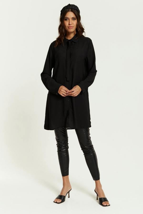 Hoxton Gal Oversized Tie Detailed Shirt Tunic with Long Sleeves in Black