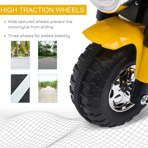 Front wheel and high-traction tire tread of a yellow 3-wheel kids electric motorbike