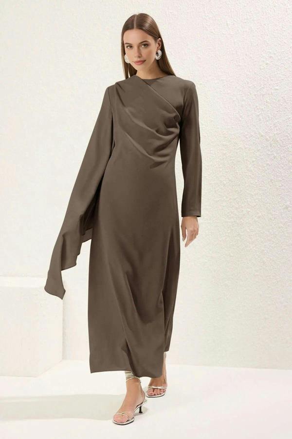WOVCOR Draped Long Sleeve Maxi Dress with Asymmetric Detail